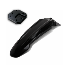 Load image into Gallery viewer, A glossy black motorcycle or dirt bike front fender shown from a three-quarter angle, with a separate black mounting plate displayed in the upper left on a clean white background.