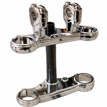 Load image into Gallery viewer, A chrome metal bicycle fork head spacer or adapter with a black central post, shown on a plain white background.