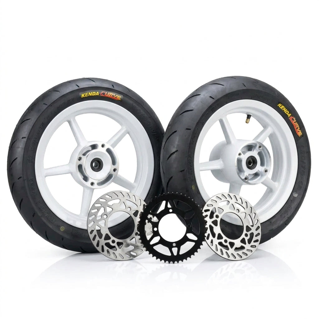 2 12" White Supermotos with black sprocket and 2 rotors