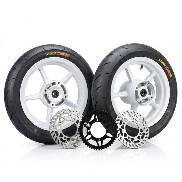 2 12" White Supermotos with black sprocket and 2 rotors