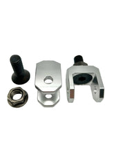Load image into Gallery viewer, Metal components including a bolt, nut, and two metal brackets on a white background
