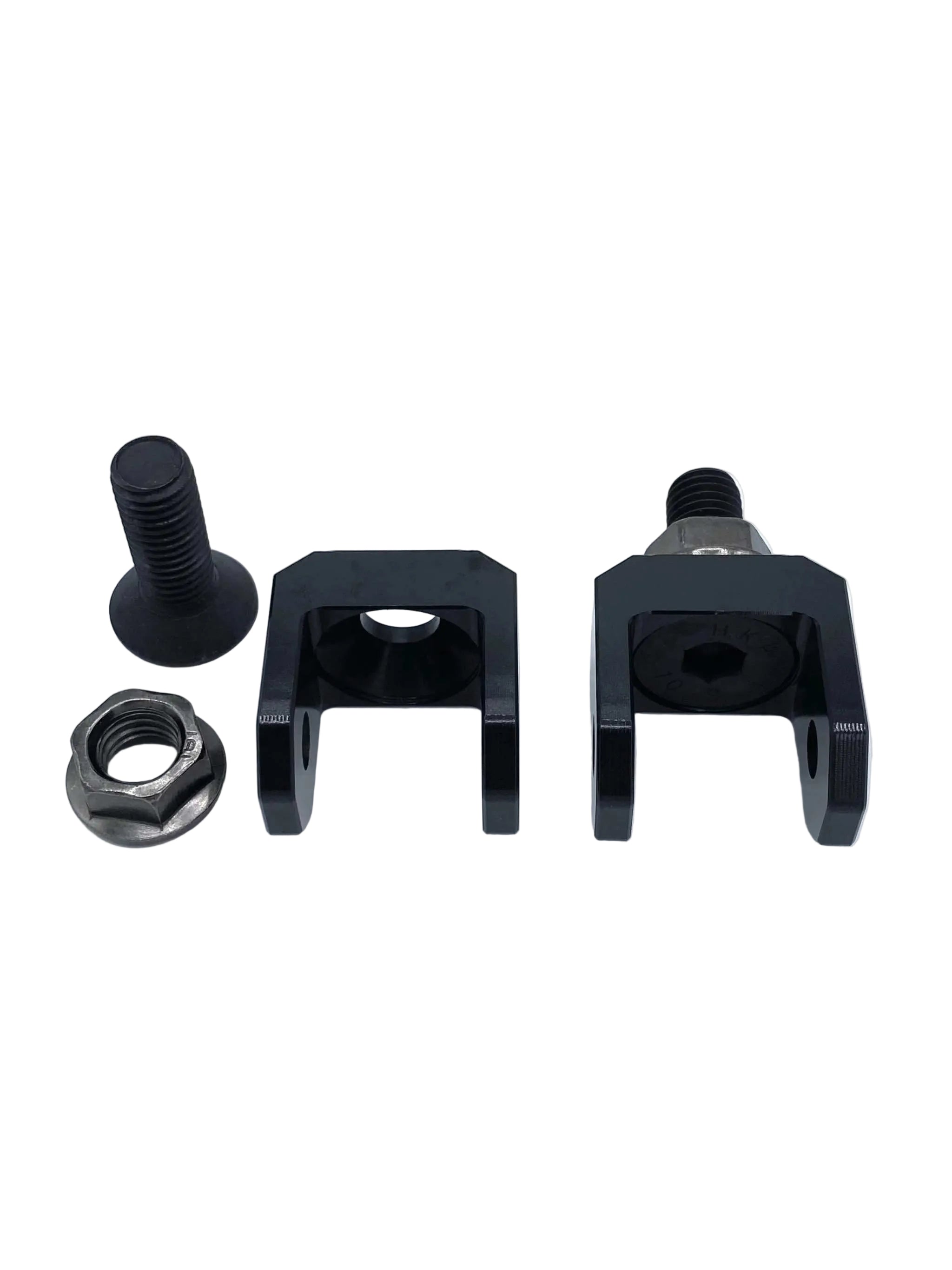Set of black metal components including a bolt, nut, and two clamps on a white background