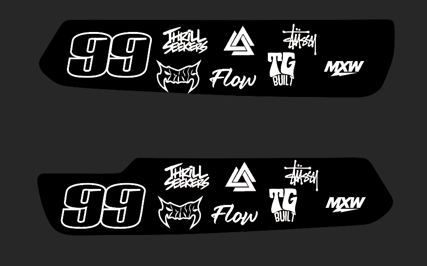 Two black panels with white logos and numbers on a black background
