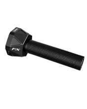 Load image into Gallery viewer, A black FX motorcycle handlebar grip and matching clamp assembly, shown floating against a dark gradient background.
