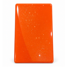 Load image into Gallery viewer, A glossy rectangular orange sample card with fine glitter, shown against a plain white background.
