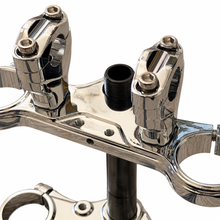 Load image into Gallery viewer, Close-up of a polished chrome bicycle fork with two stem clamps, a threaded center post section, and part of a lower clamp visible against a white background.
